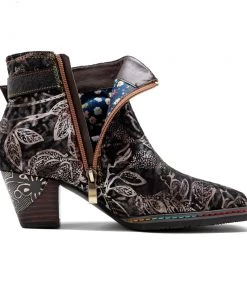 Buckle Strappy Silver Floral Velvet Ankle Boots Heel Boots -Soffia Shoes