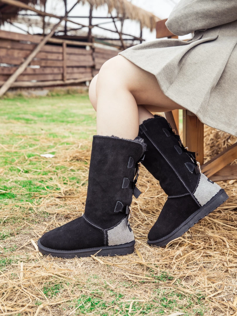 XH NEW ARRIVALS SMAIBULUN UGG™ | Back Rhinestone & Ribbon Tri-Tie Bow Black Suede Boots 3 XH NEW ARRIVALS SMAIBULUN UGG™ | Back Rhinestone & Ribbon Tri-Tie Bow Black Suede Boots