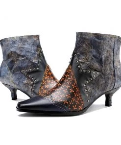 Genuine Leather Grey Distress Half Star Stud Kitten Heel Bootie Ankle Boots - Soffia Shoes