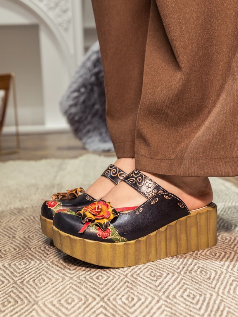 JF SOFFIA | Genuine Leather Black Ribbed-Sole Floral Appliqued Platform Sandals Clogs 3 JF SOFFIA | Genuine Leather Black Ribbed-Sole Floral Appliqued Platform Sandals Clogs