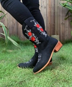 YL En Bloom | Black Rose Embroidered Floral Cowboy Heel Boots 10 YL En Bloom | Black Rose Embroidered Floral Cowboy Heel Boots
