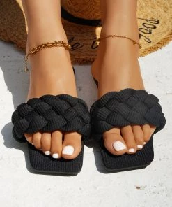 HT EN BLOOM | WOVEN BRAIDED UPPER SLIDES - BLACK