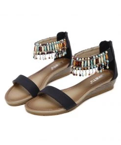SIKETU | BLACK BEAD-ACCENT DOUBLE-STRAP SANDAL