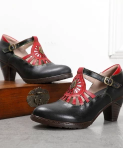 RXD NEW ARRIVALS SOFFIA | Black Genuine Leather Cut Out Vintage Mary Jane Heeled Pumps