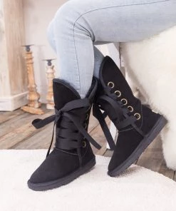 XH SMAIBULUN UGG™ | Black Ribbon Lace-Up Faux Fur-Lined Suede Boots New In Shoes