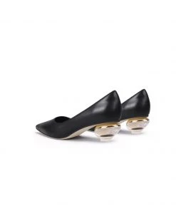 Jady Rose JadyRose | Genuine Leather Black & Crystal Bowl-Heel Pump