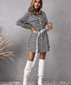 YBL Smaibulun | Black & White Plaid Tie-Waist Shirt Dress New In Clothing