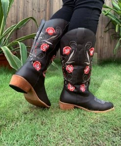 YL En Bloom | Black Morning Glory Embroidered Cowboy Knee Boots New In Shoes