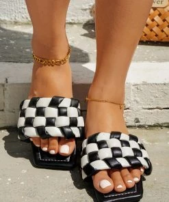HT En Bloom | NADINA BLACK WHITE CHECK BRAIDED SLIDES Flat Sandals NEW ARRIVALS