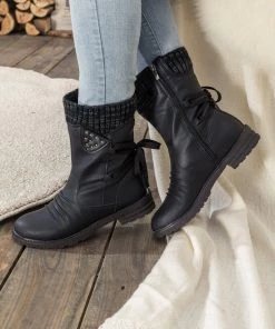 YL En Bloom | Black Ruched Back Tie-Accent Flat Comfy Combat Boots New In Shoes