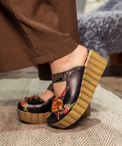 JF SOFFIA | Genuine Leather Black Ribbed-Sole Floral Appliqued Platform Sandals Clogs 11 JF SOFFIA | Genuine Leather Black Ribbed-Sole Floral Appliqued Platform Sandals Clogs