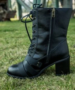 YL En Bloom | Black Patch Work Lace UpHeel Ankle Combat Boots New In Shoes