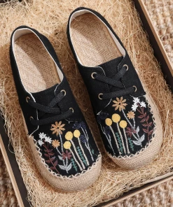 TC Cactus Rose | Garden Embroidered Linen Boat Shoes Espadrilles - Black NEW ARRIVALS