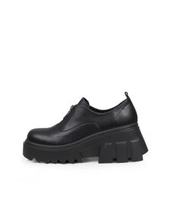 Jady Rose JadyRose | Chunky Heel Pure Zipper Genuine Leather Sneaker - Black NEW ARRIVALS