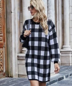 MY Smaibulun | KAITLYN Plaid Knit Dress - Black