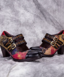 RXD New In Shoes SOFFIA | Genuine Leather; Geometric Double-Strap Heel Pumps Mary Jane Shoes - Black