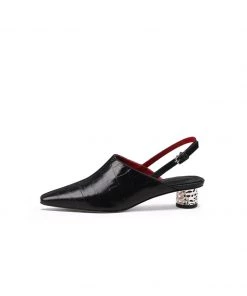 Jady Rose New In Shoes JadyRose | Strap-Detail Crystal Heel Leather D'Orsay Point Toe Pumps Sandals Loafers- Black