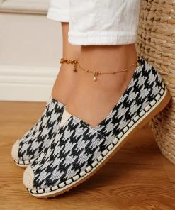 HT NEW ARRIVALS En Bloom | Black Check Pattern Canvas Upper Espadrilles Flat Boat Shoes