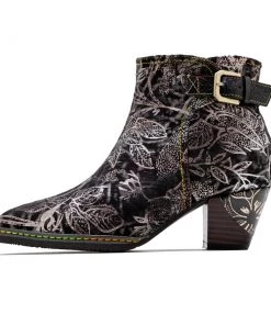 Buckle Strappy Silver Floral Velvet Ankle Boots Heel Boots -Soffia Shoes