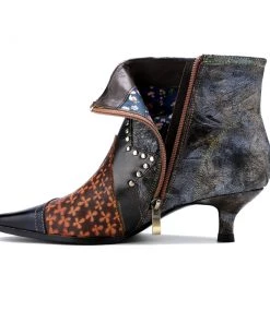 Genuine Leather Grey Distress Half Star Stud Kitten Heel Bootie Ankle Boots - Soffia Shoes