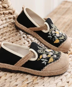 TC Cactus Rose | Field Corn Embroidered Linen Round Toe Espadrilles Loafers - Black