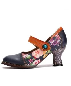 RXD SOFFIA | Genuine Leather Floral Kona Mary Jane Mid HeelHeel Shoes - Black S/S 2022