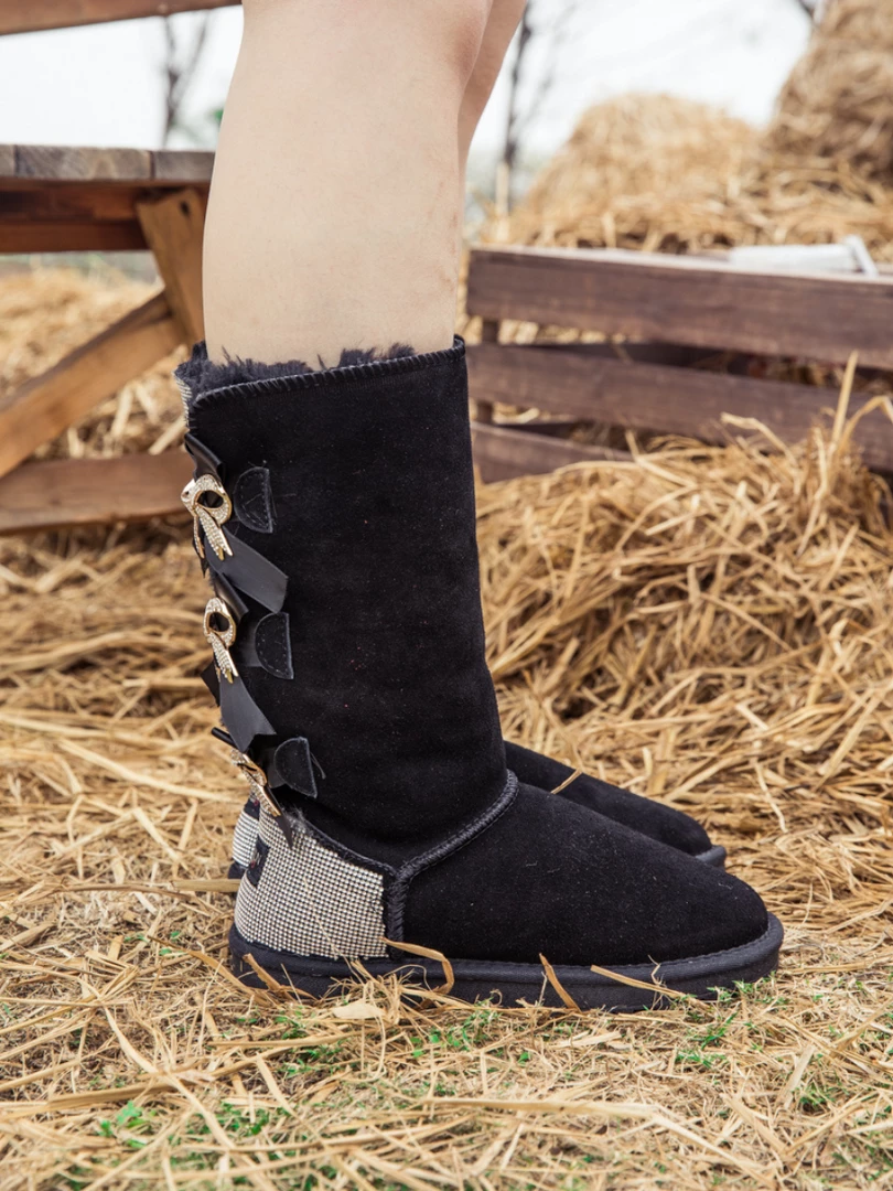 XH NEW ARRIVALS SMAIBULUN UGG™ | Back Rhinestone & Ribbon Tri-Tie Bow Black Suede Boots 4 XH NEW ARRIVALS SMAIBULUN UGG™ | Back Rhinestone & Ribbon Tri-Tie Bow Black Suede Boots