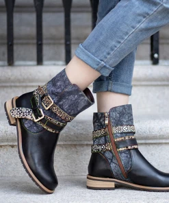 SOFFIA | Genuine Leather Gold Floral Embossed Strap Moto Boots 22 SOFFIA | Genuine Leather Gold Floral Embossed Strap Moto Boots