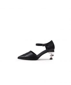 Jady Rose JadyRose | Smiley Patterned Detail Belted Women's Mid Heeled Point Toe Sling Back Pumps Sandals - Black S/S 2022