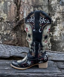 YL New In Shoes En Bloom | Floral Sugar Skull Cowboy Knee Boots - Black
