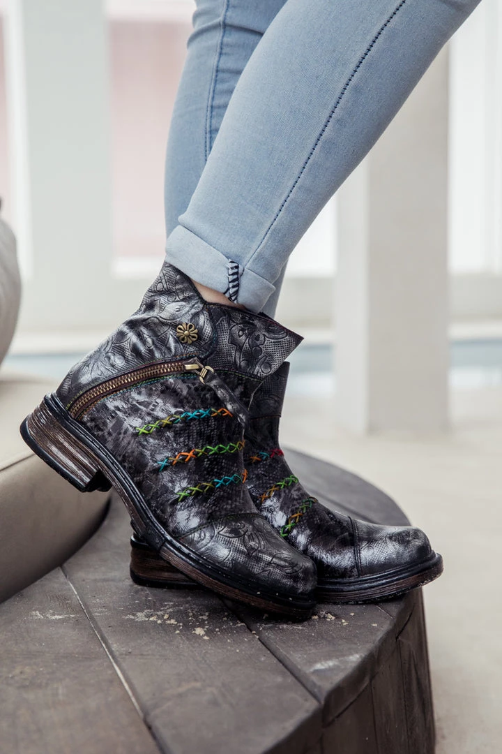 SOFFIA | Genuine Leather Rainbow Stitch Floral Embossed Ankle Boots NEW ARRIVALS 5 SOFFIA | Genuine Leather Rainbow Stitch Floral Embossed Ankle Boots NEW ARRIVALS