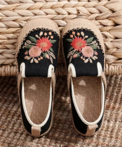 TC Cactus Rose | Double Kiss Floral Embroidered Linen Espadrilles - Black NEW ARRIVALS