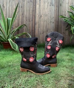 YL En Bloom | Black Morning Glory Embroidered Cowboy Knee Boots New In Shoes