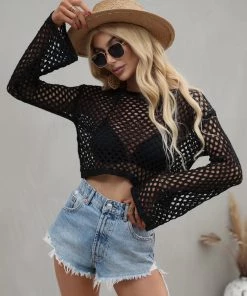 MY New In Clothing AIDA CROCHET KNIT TOP - BLACK