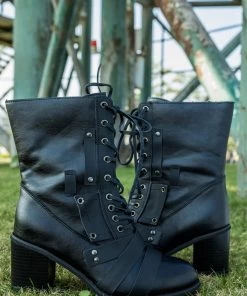 YL En Bloom | Black Patch Work Lace UpHeel Ankle Combat Boots New In Shoes