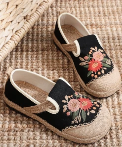 TC Cactus Rose | Double Kiss Floral Embroidered Linen Espadrilles - Black NEW ARRIVALS