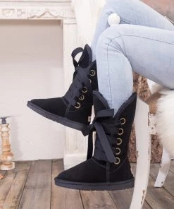 XH SMAIBULUN UGG™ | Black Ribbon Lace-Up Faux Fur-Lined Suede Boots New In Shoes