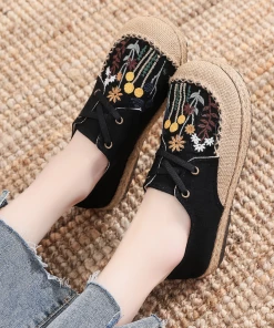 TC Cactus Rose | Garden Embroidered Linen Boat Shoes Espadrilles - Black NEW ARRIVALS