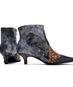 Genuine Leather Grey Distress Half Star Stud Kitten Heel Bootie Ankle Boots - Soffia Shoes