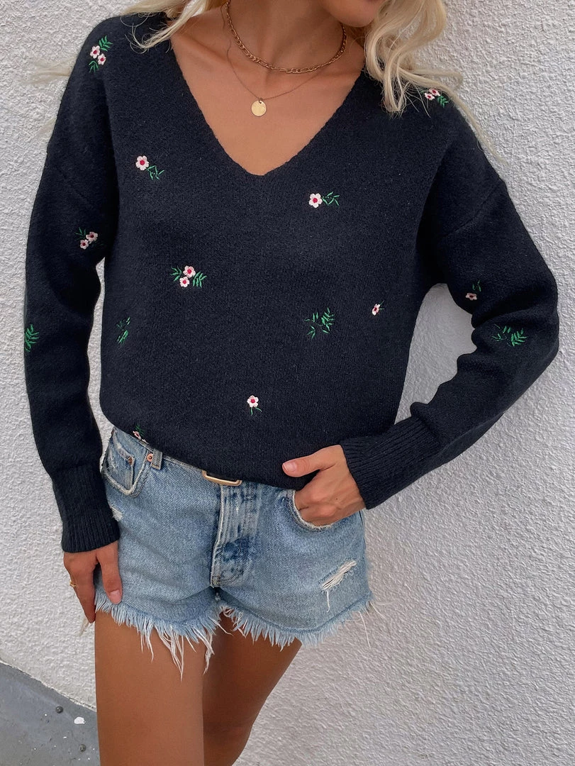 MY Smaibulun | Black Low V-neck Daisy Embroidered Knit Sweater New In Clothing 5 MY Smaibulun | Black Low V-neck Daisy Embroidered Knit Sweater New In Clothing