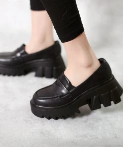 Jady Rose New In Shoes Genuine Leather Classic Block-Heel Loafers Flatform Shoes - JadyRose