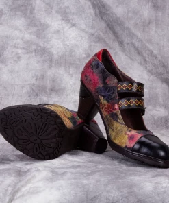 RXD New In Shoes SOFFIA | Genuine Leather; Geometric Double-Strap Heel Pumps Mary Jane Shoes - Black