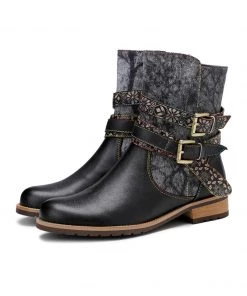 SOFFIA | Genuine Leather Gold Floral Embossed Strap Moto Boots 15 SOFFIA | Genuine Leather Gold Floral Embossed Strap Moto Boots