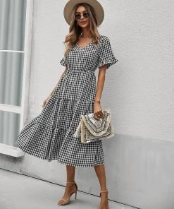 DY New In Clothing SHASTA Gingham Midi Dress - Black