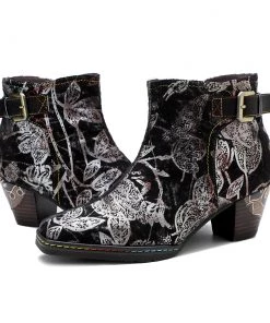 Buckle Strappy Silver Floral Velvet Ankle Boots Heel Boots -Soffia Shoes