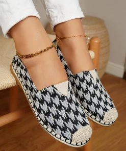 HT NEW ARRIVALS En Bloom | Black Check Pattern Canvas Upper Espadrilles Flat Boat Shoes