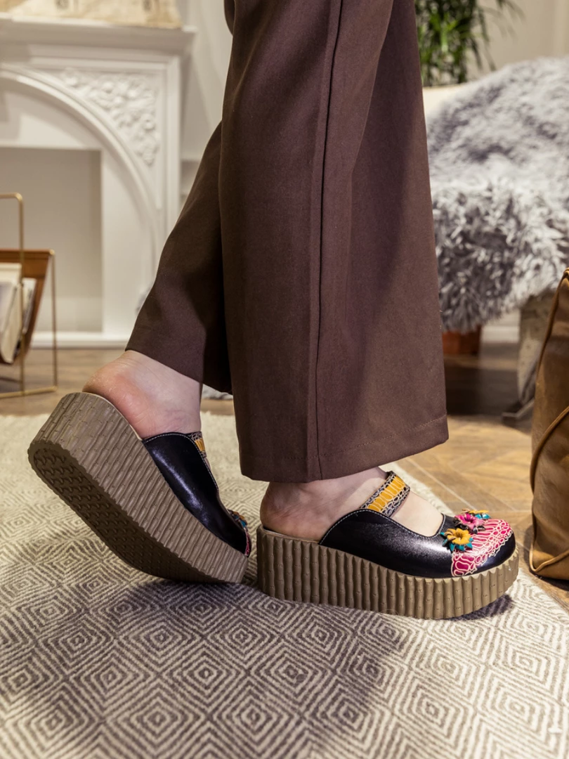 JF SOFFIA | Genuine Leather Black Ribbed-Sole Tri-Floral Appliqued Clogs 5 JF SOFFIA | Genuine Leather Black Ribbed-Sole Tri-Floral Appliqued Clogs