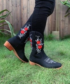 YL En Bloom | Black Rose Embroidered Floral Cowboy Heel Boots 12 YL En Bloom | Black Rose Embroidered Floral Cowboy Heel Boots