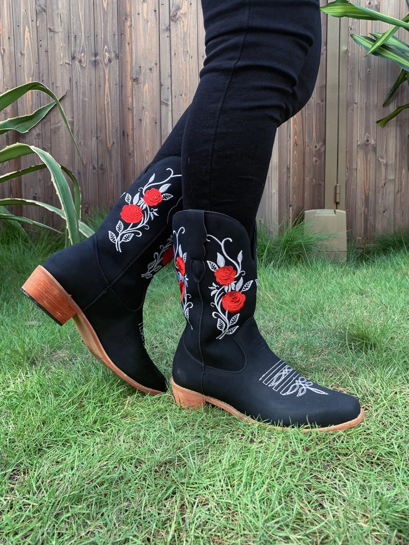 YL En Bloom | Black Rose Embroidered Floral Cowboy Heel Boots 5 YL En Bloom | Black Rose Embroidered Floral Cowboy Heel Boots