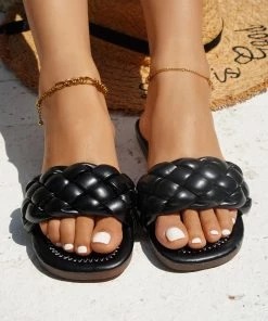 HT En Bloom | Black Matte Braided Slides Flat Sandals